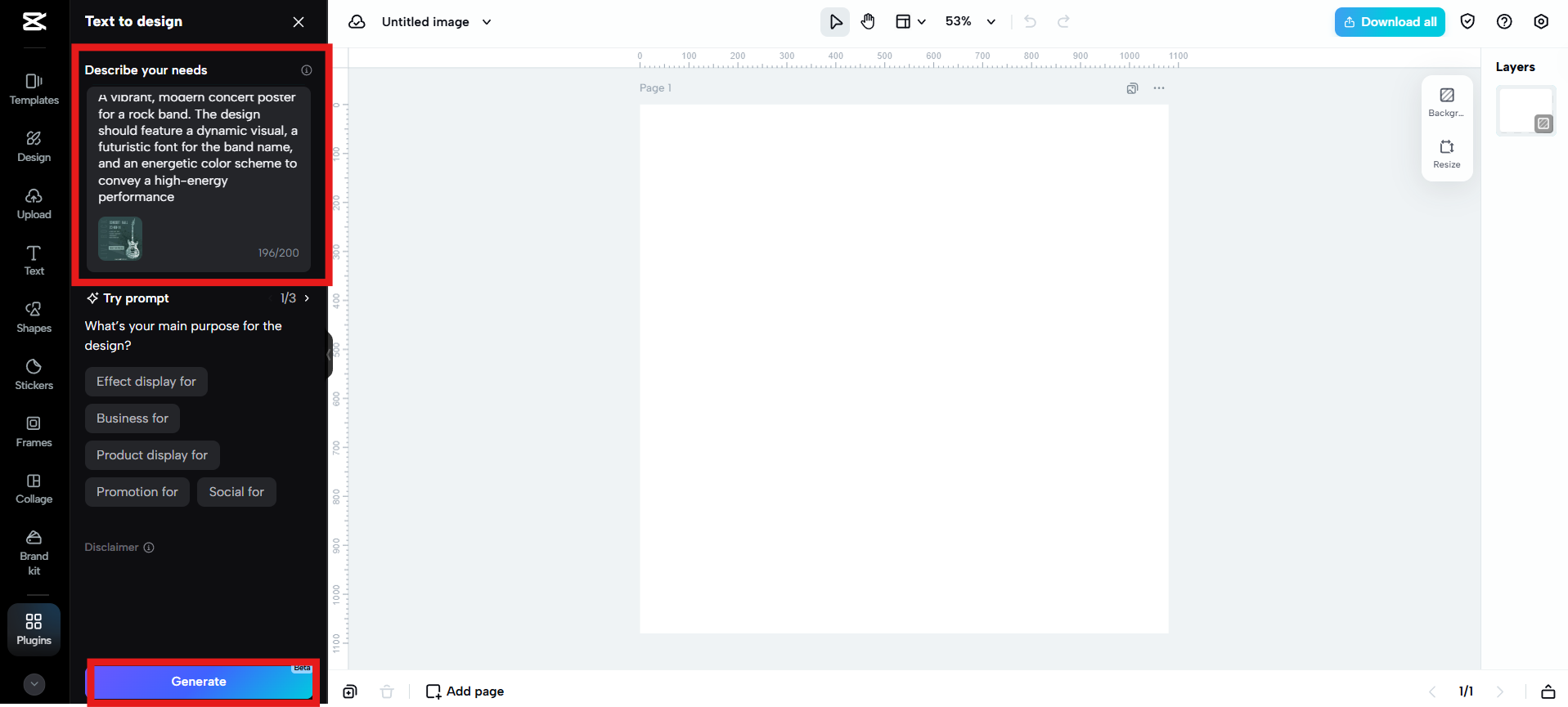 Introduceți solicitarea și încărcați imaginea de referință, apoi faceți clic pe Generați.