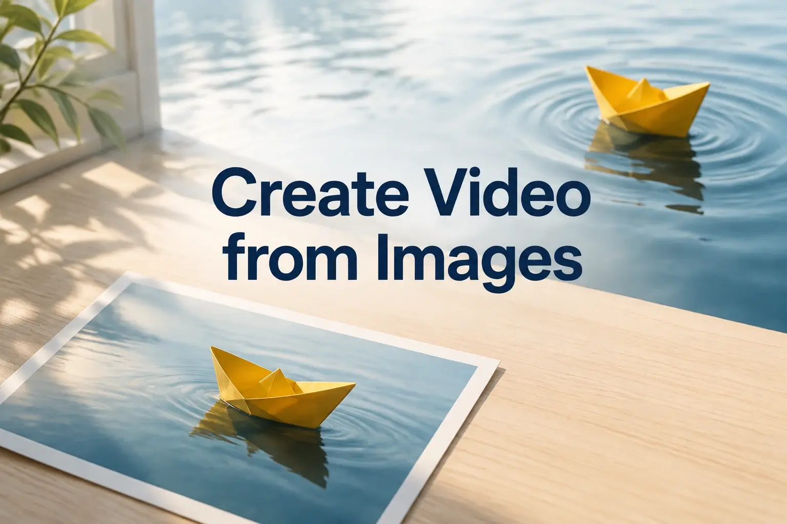 Create Video from Images cover with a yellow paper boat moving from a printed still into rippling water