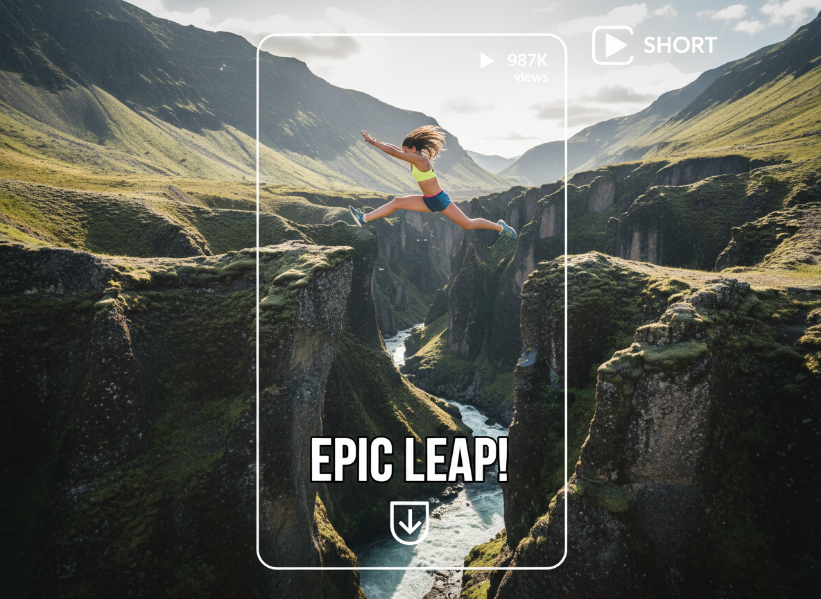 4:3 image: bold jump moment optimized for viral short videos, implied 9:16 framing reference.