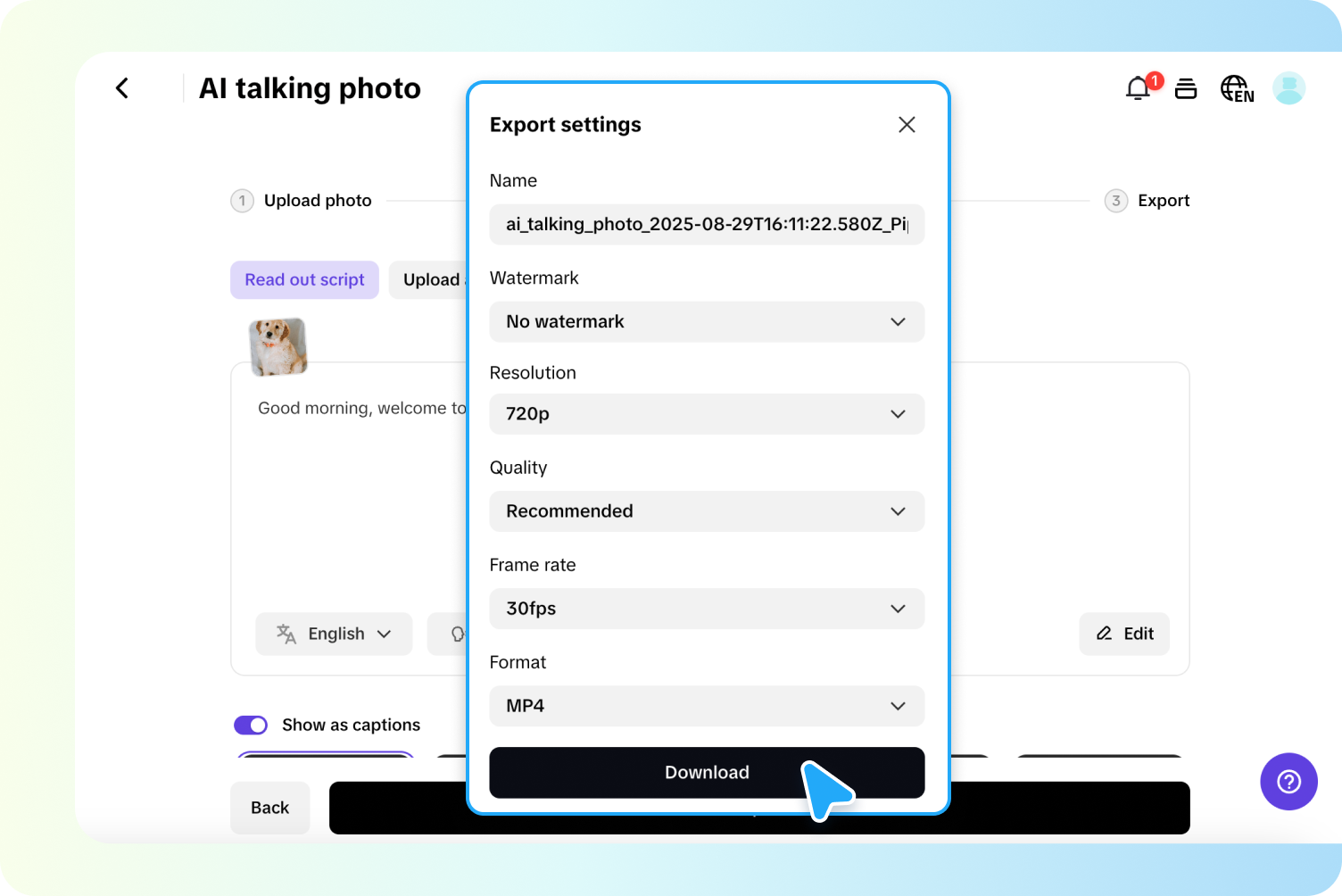 exporting talking dog avatar 