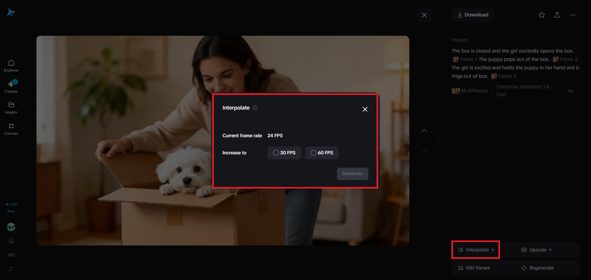 Interpolation feature in Dreamina