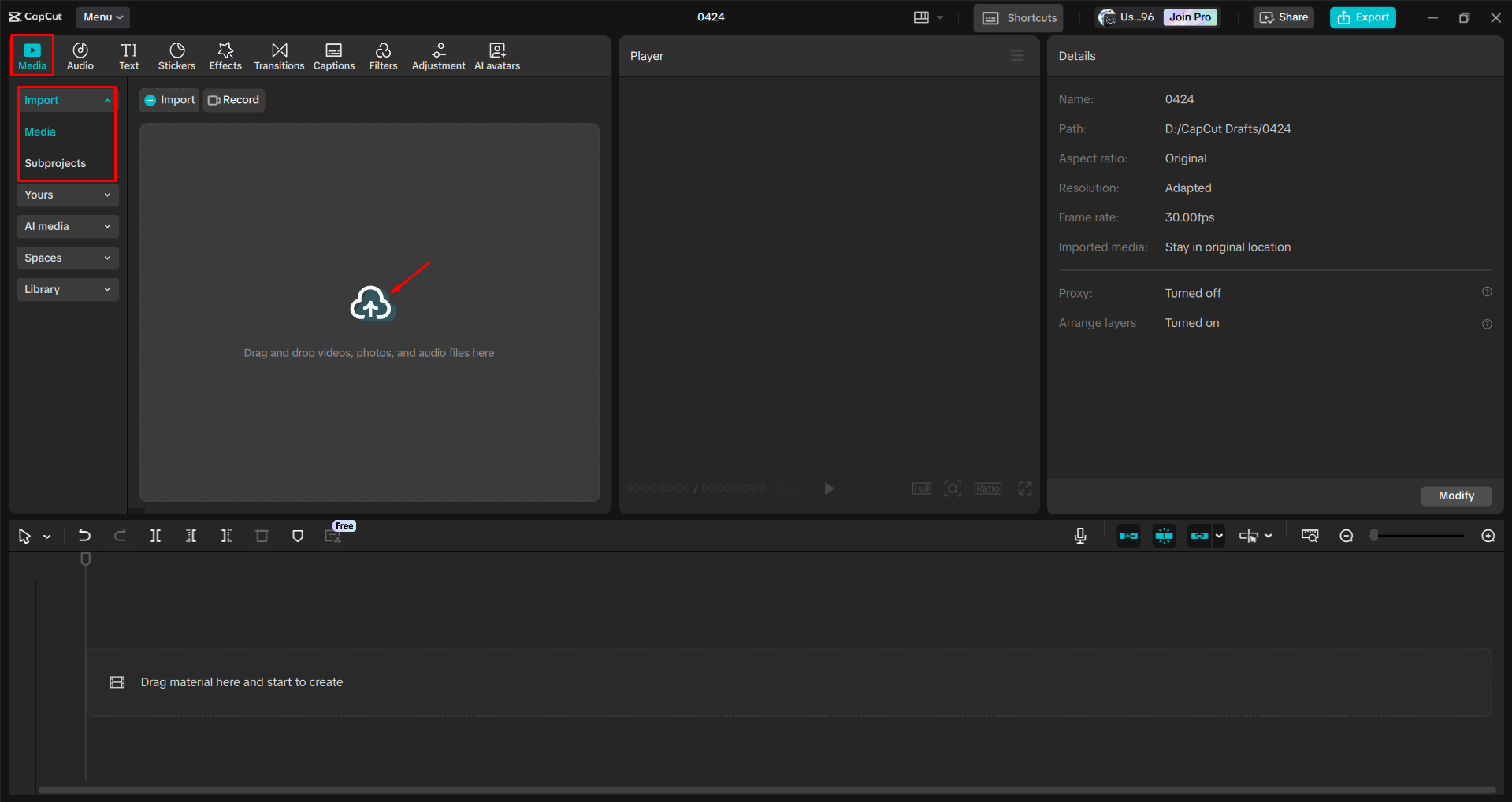 Importing a video into the CapCut desktop video editor