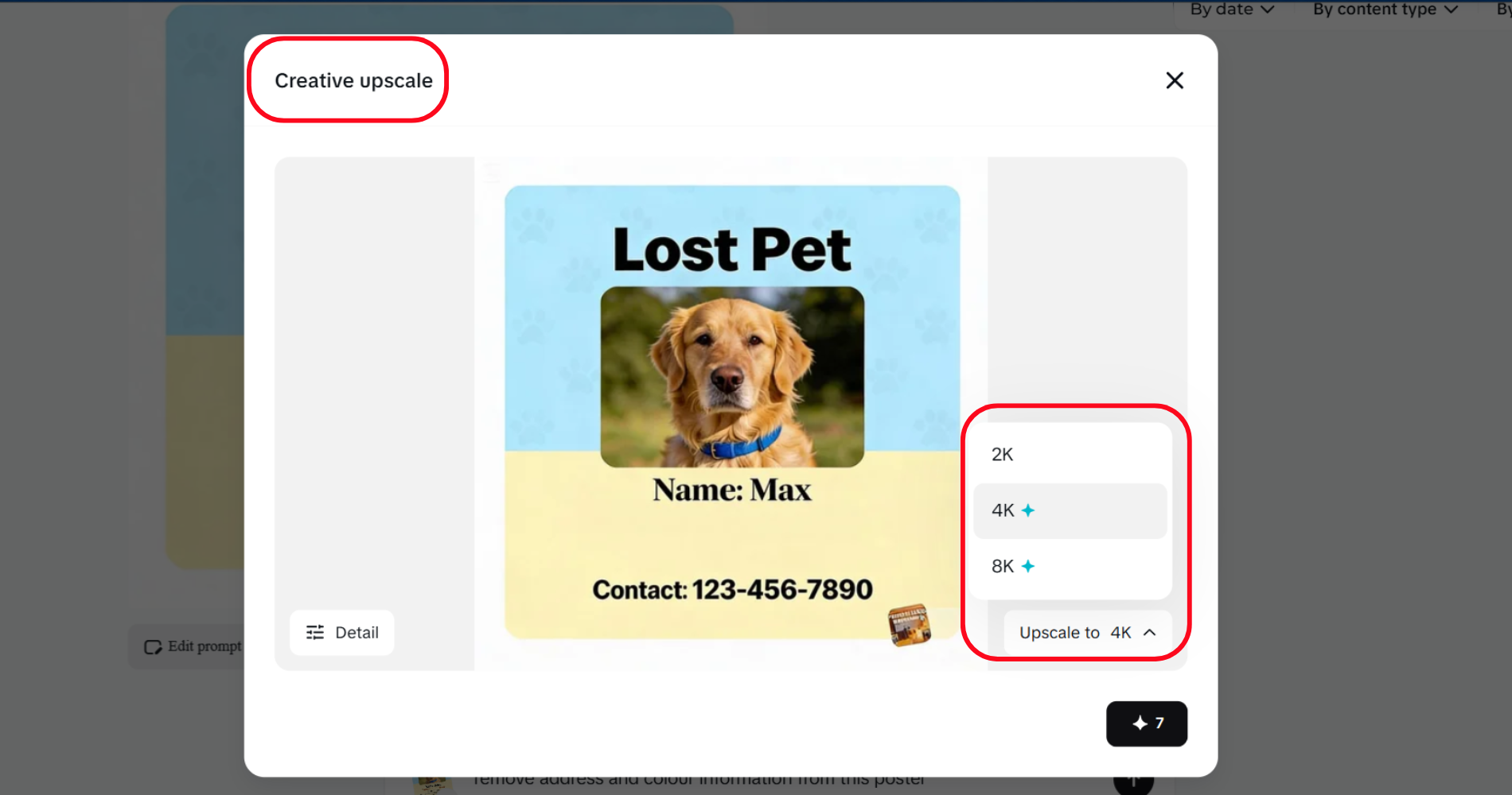 Creative upscale feature to enhance pet poster resolution