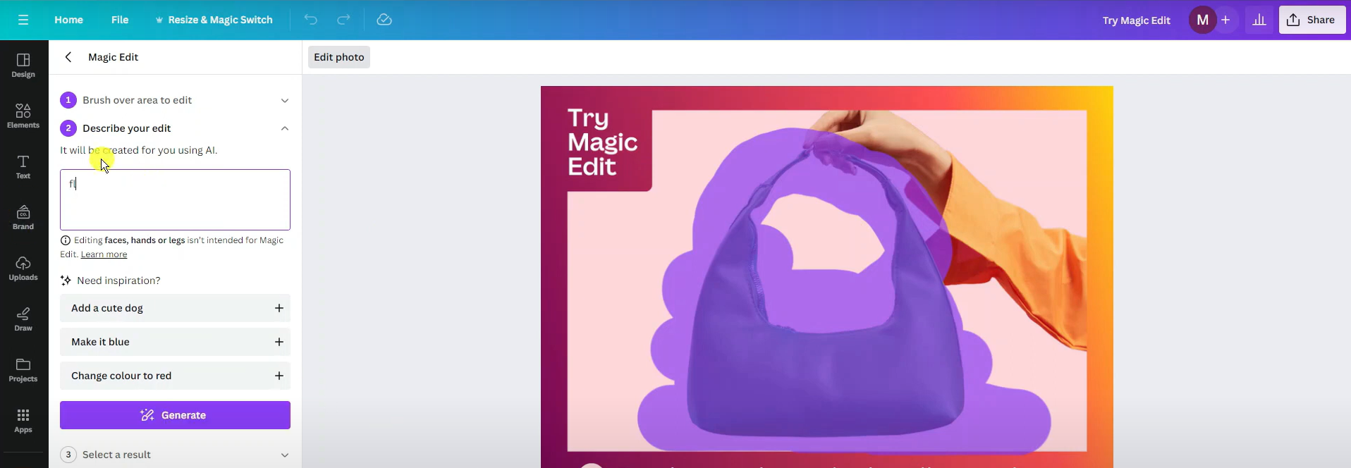 Sélection de la zone à modifier dans Canva