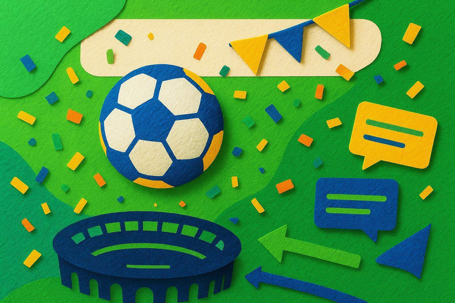 Capa em estilo colagem colorida sobre imagens com IA da Copa do Mundo
