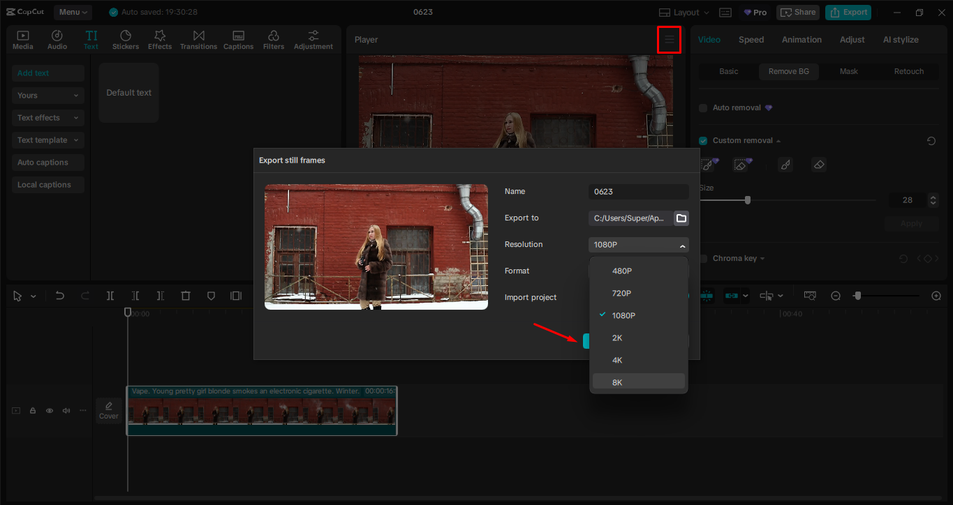 Exportieren Sie das Bild aus dem CapCut-Desktop-Videobearbeiter