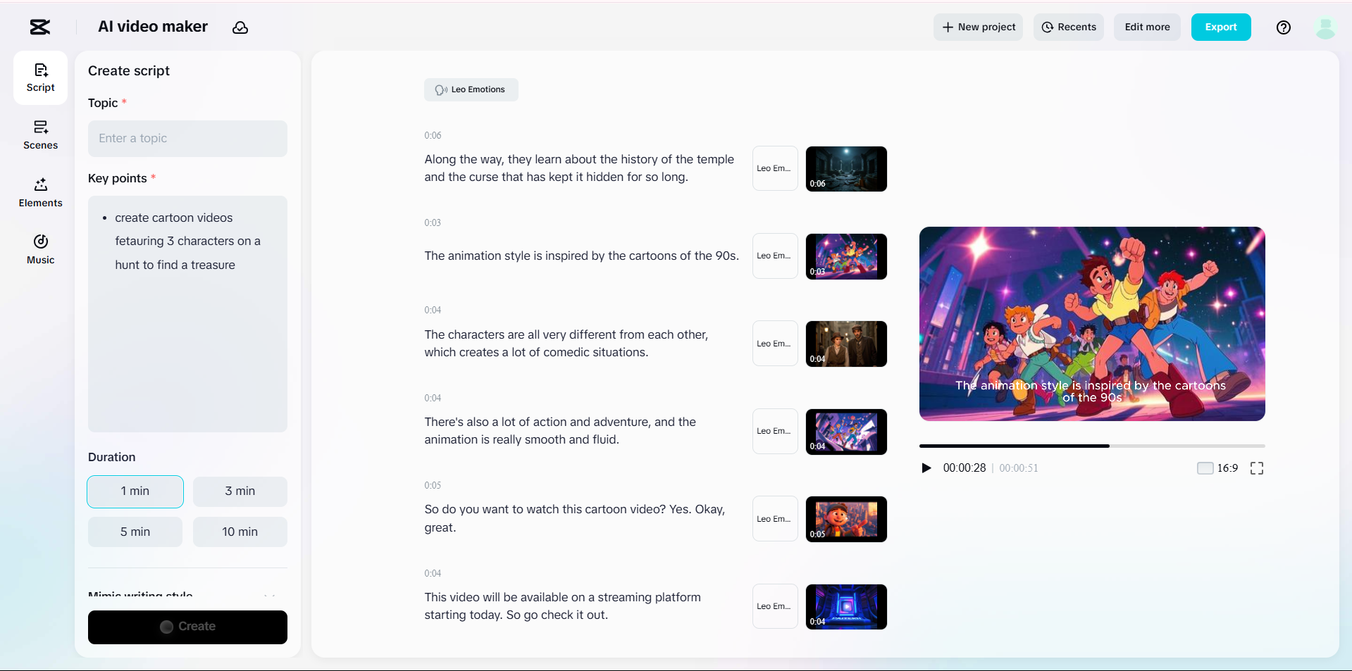 Interface of the CapCut Web - the best tool to create cartoon videos with AI