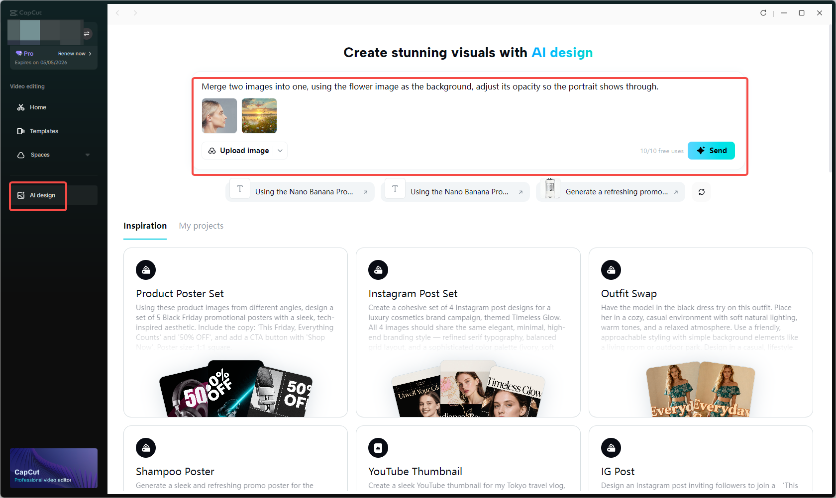 Enter a text prompt and import photos in the CapCut AI design tool