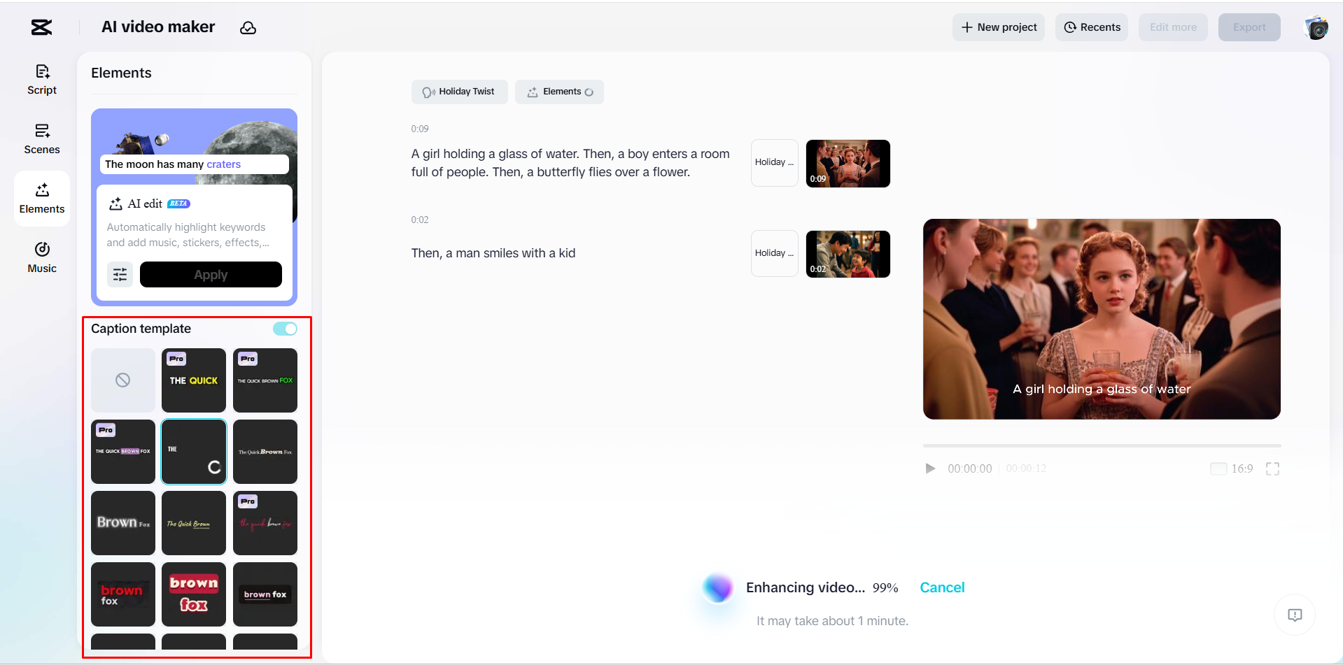 Adding caption templates to a video with CapCut's AI video maker
