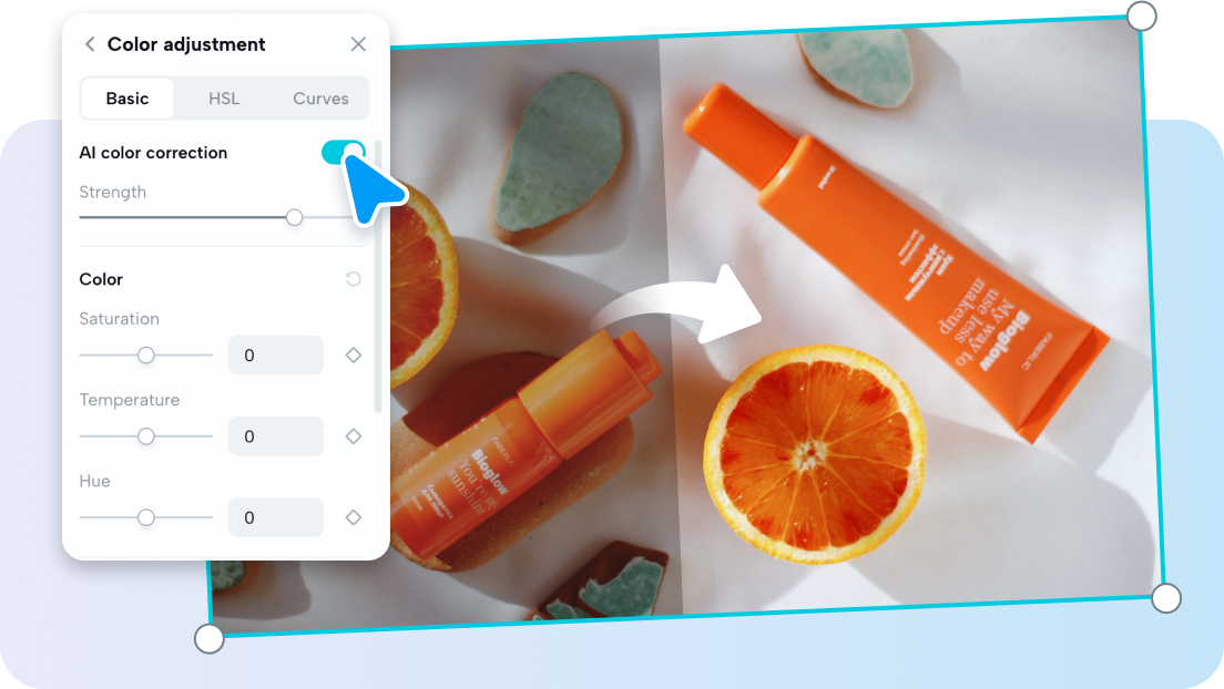 description=The right-hand editing panel in Pippit. The 'Stabilize' and 'Reduce Image Noise' toggles under 'Basic' are on. The 'AI Color Correction' toggle under 'Color Adjustments' is also highlighted and turned on.