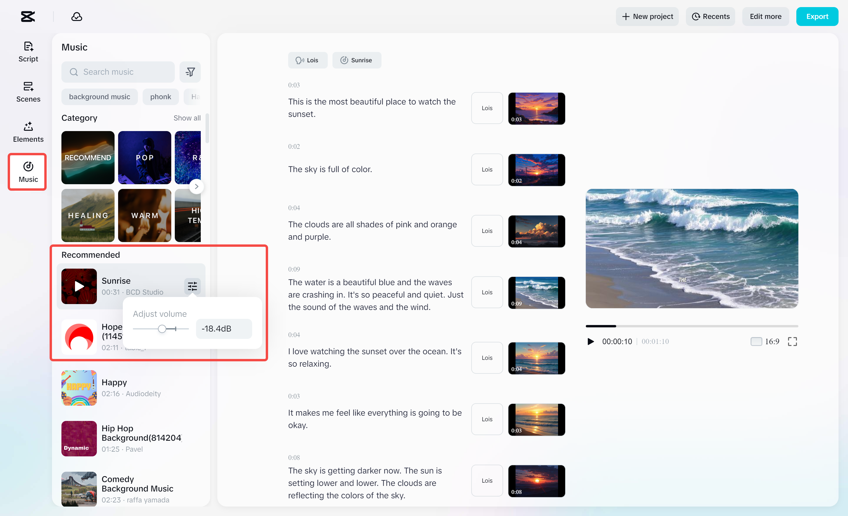 Adding background music to a video with CapCut's AI video maker