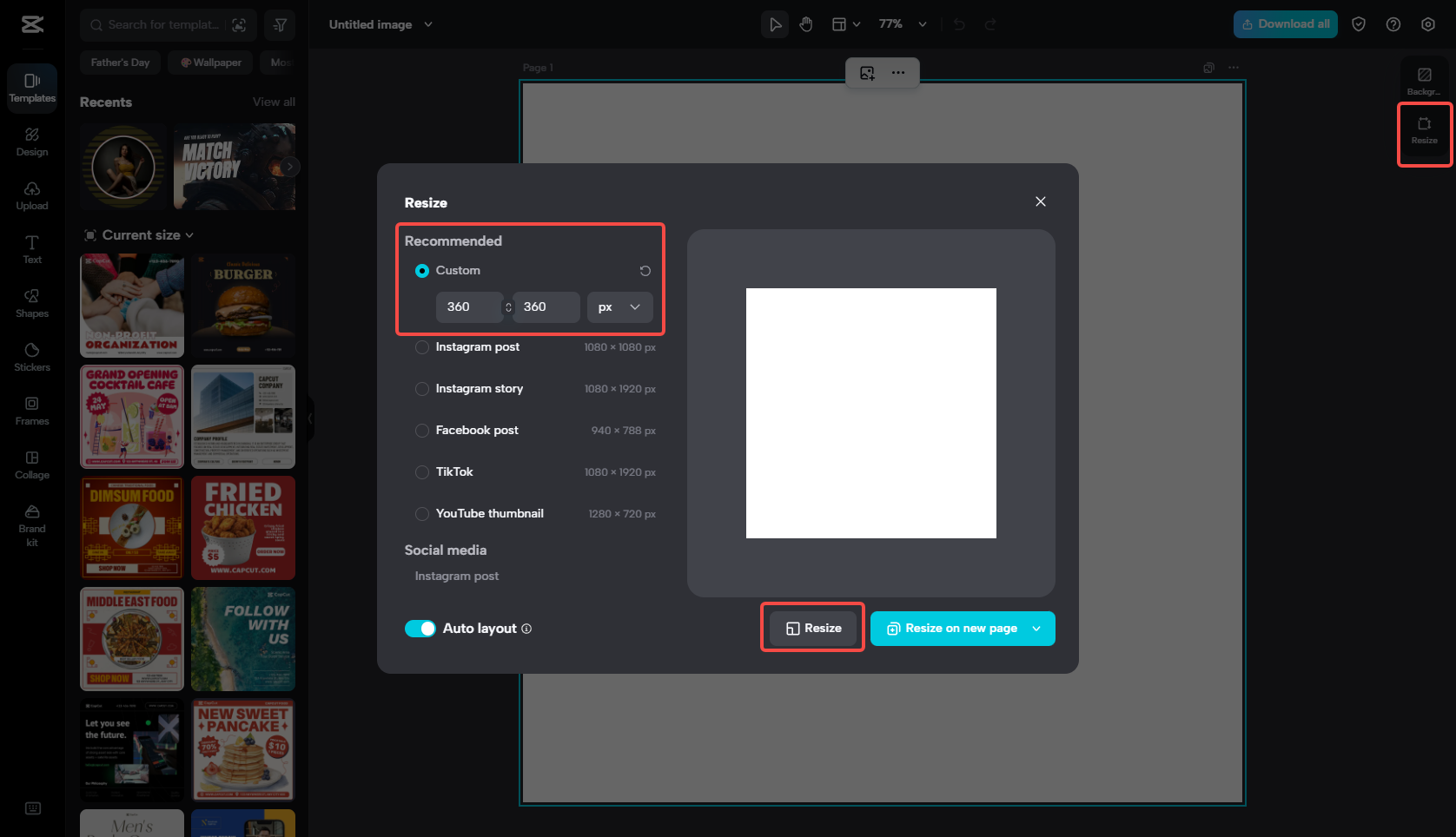 Resizing the Facebook profile photo in CapCut
