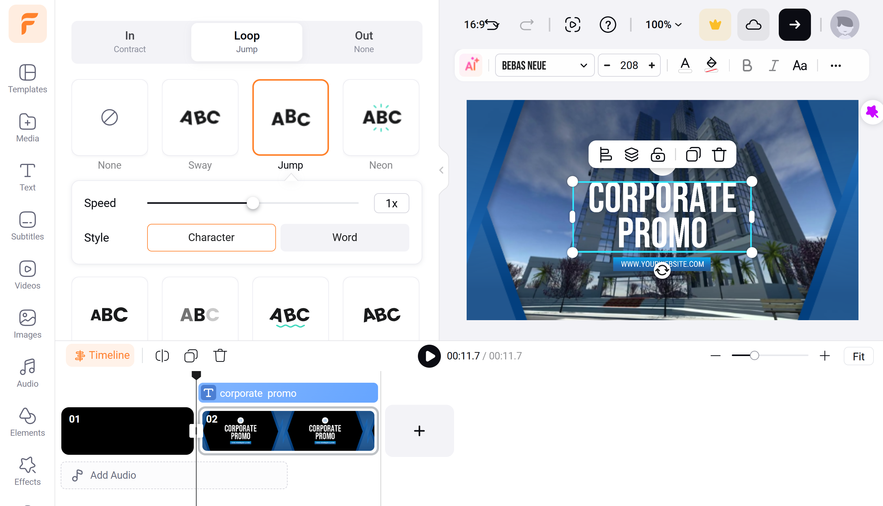 Interface ng FlexClip - isa pang libreng tagagawa ng scrolling text online