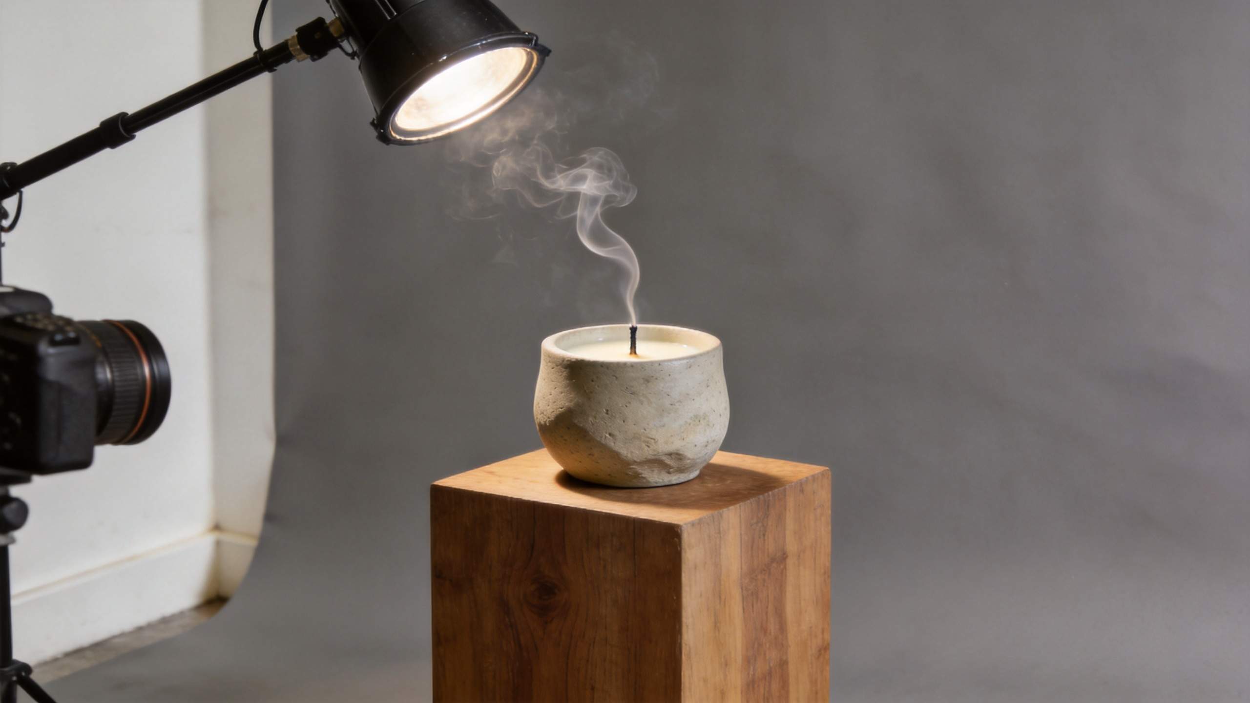 Lit candle in a ceramic cup on a wooden block, with studio light and camera visible