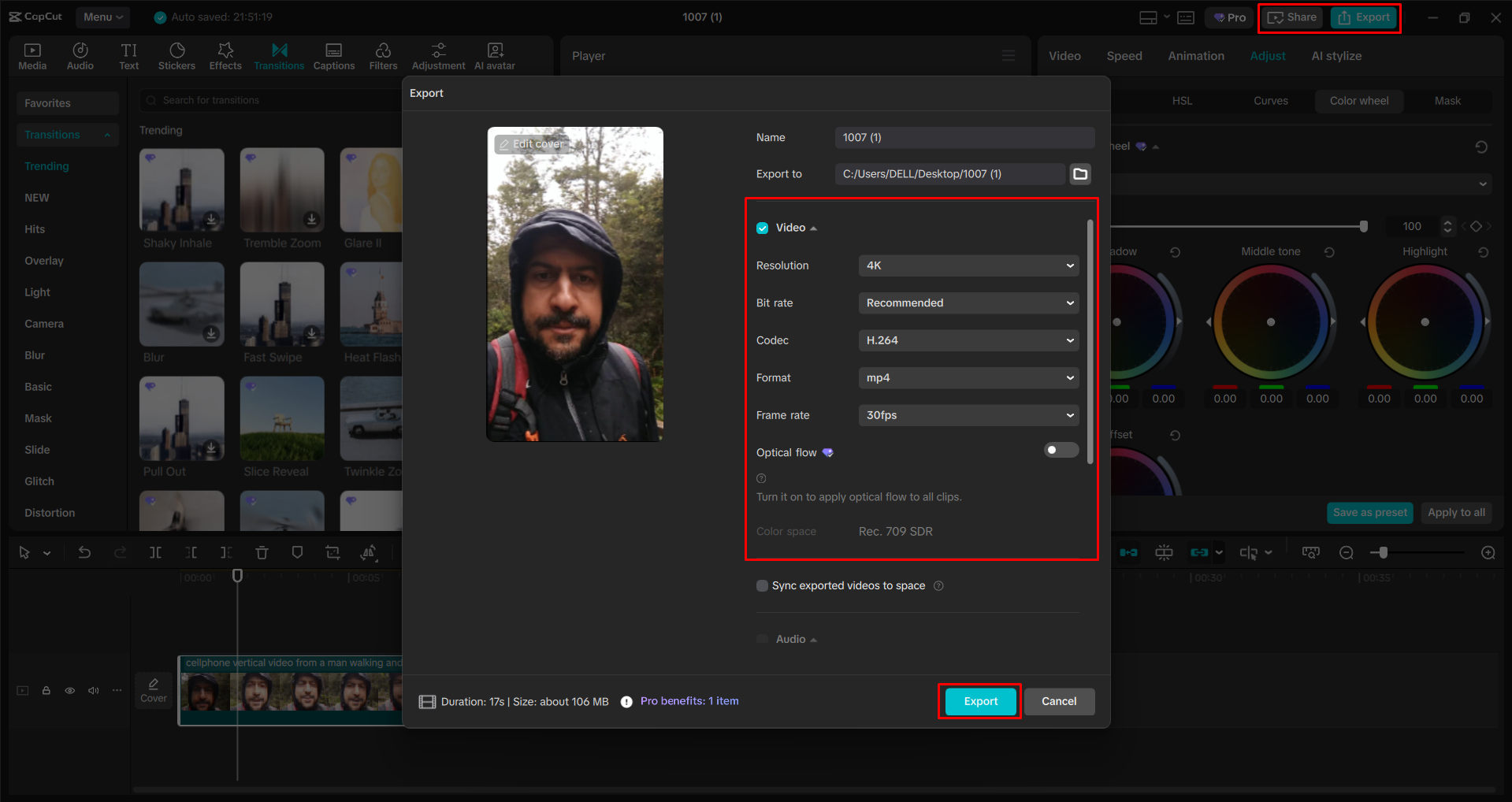 Exporting a video from the CapCut desktop video editor