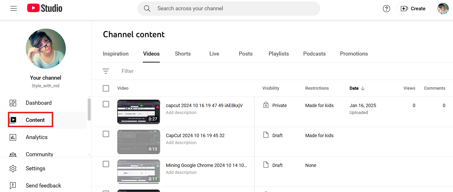 select the content tab