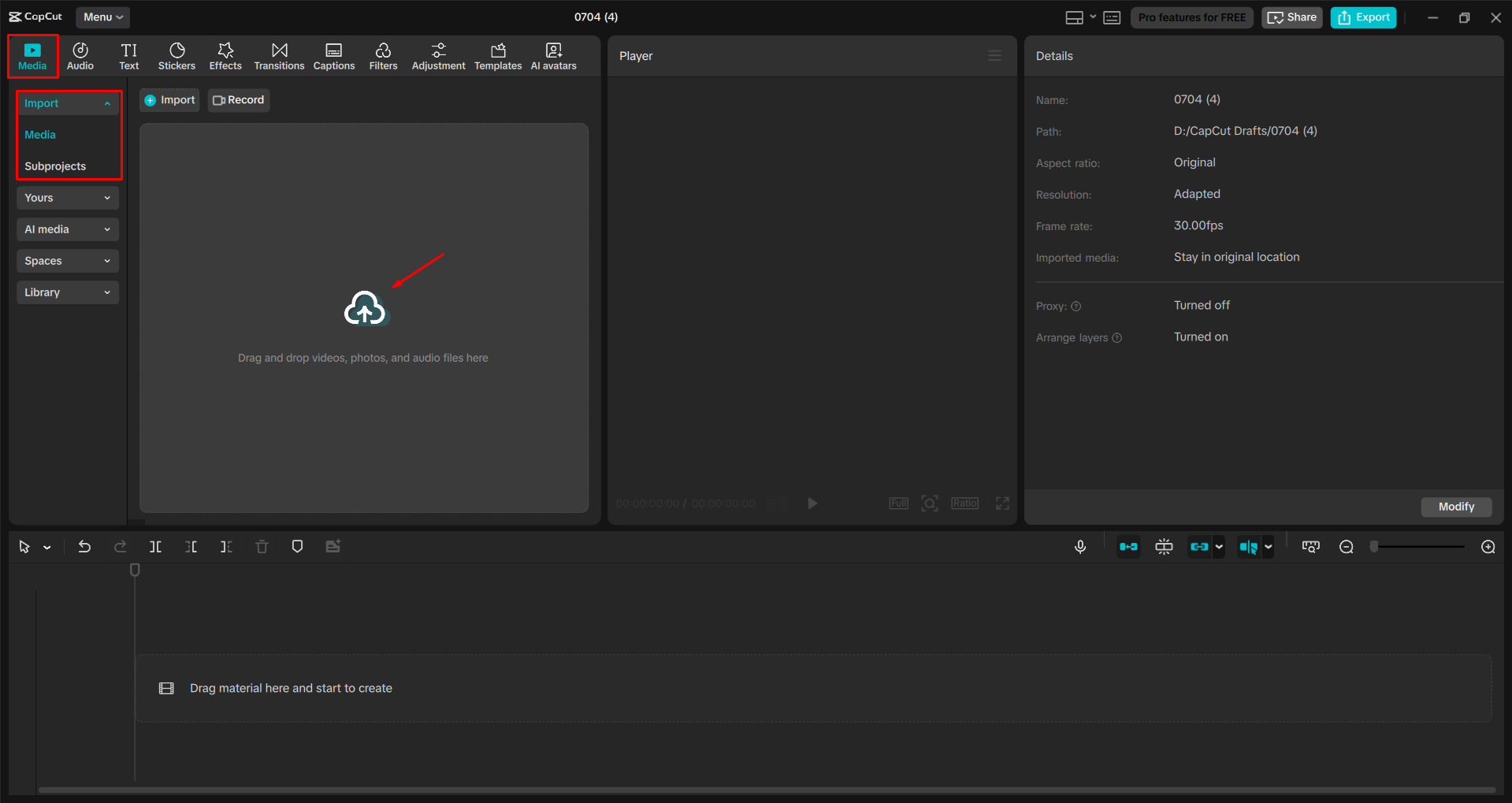 Importieren eines Videos in den CapCut Desktop-Video-Editor