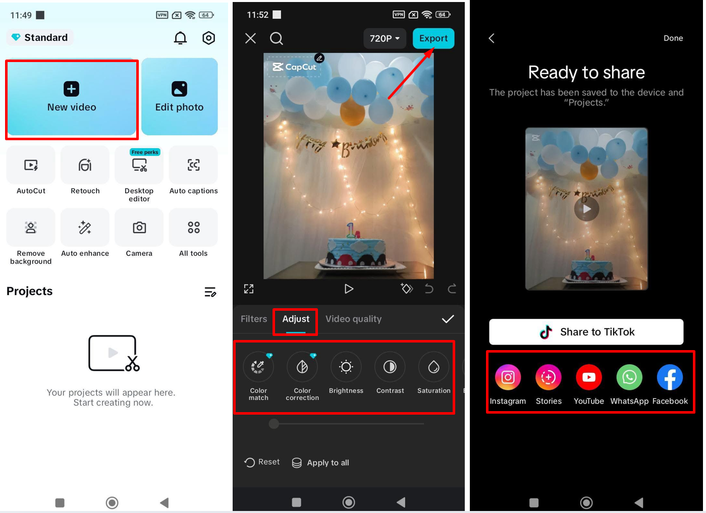 Image showing how to do color grading in the Capcut mobile app