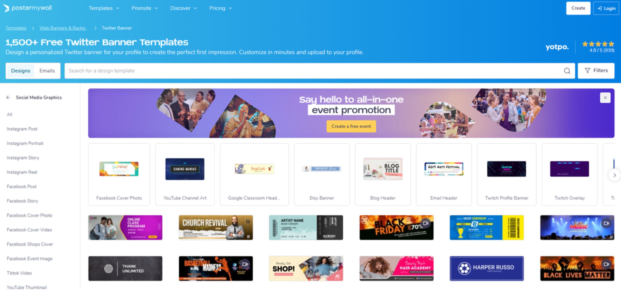 Interface for PosterMyWall - a website with many Twitter header templates