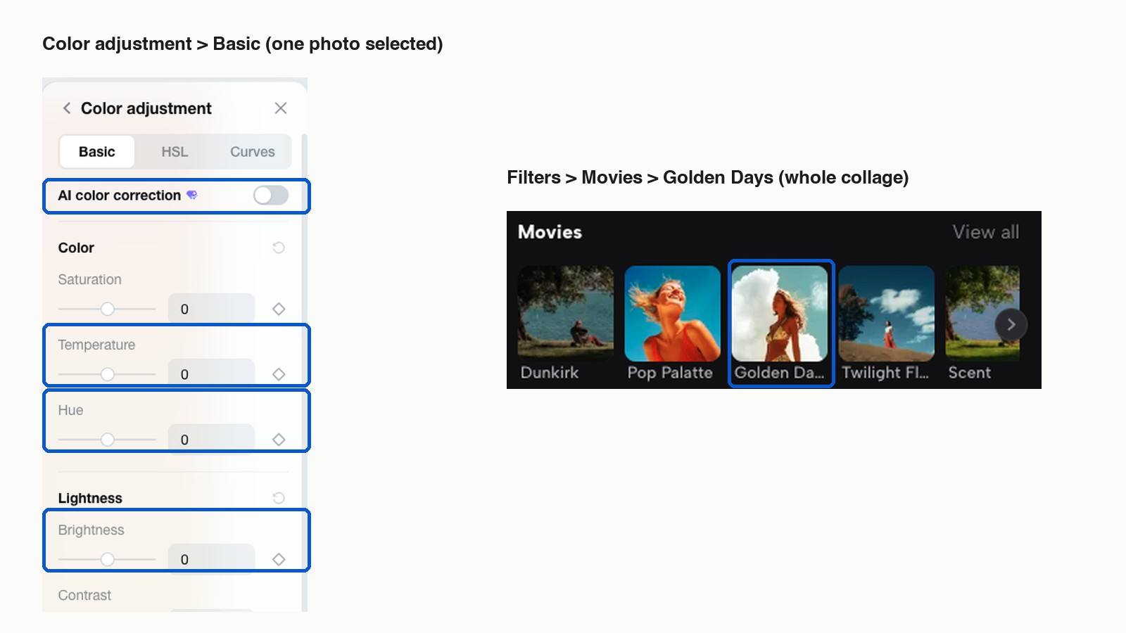 Two crops of the CapCut editor: the Color adjustment panel with the AI color correction switch, Temperature, Hue and Brightness highlighted, and the Filters panel's Movies row with Golden Days highlighted.