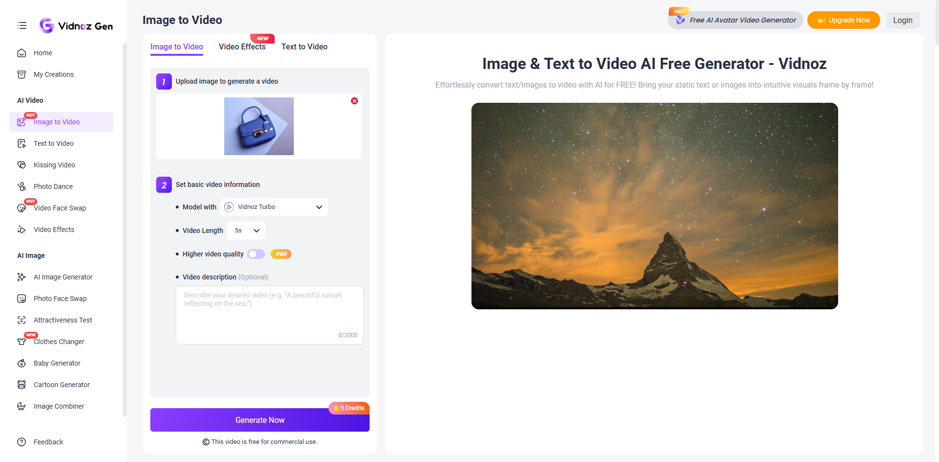 หน้าการใช้งานของ Vidnoz - ตัวแปลงภาพถ่ายเป็นวิดีโอด้วย AI ฟรีที่เหมาะสมที่สุด