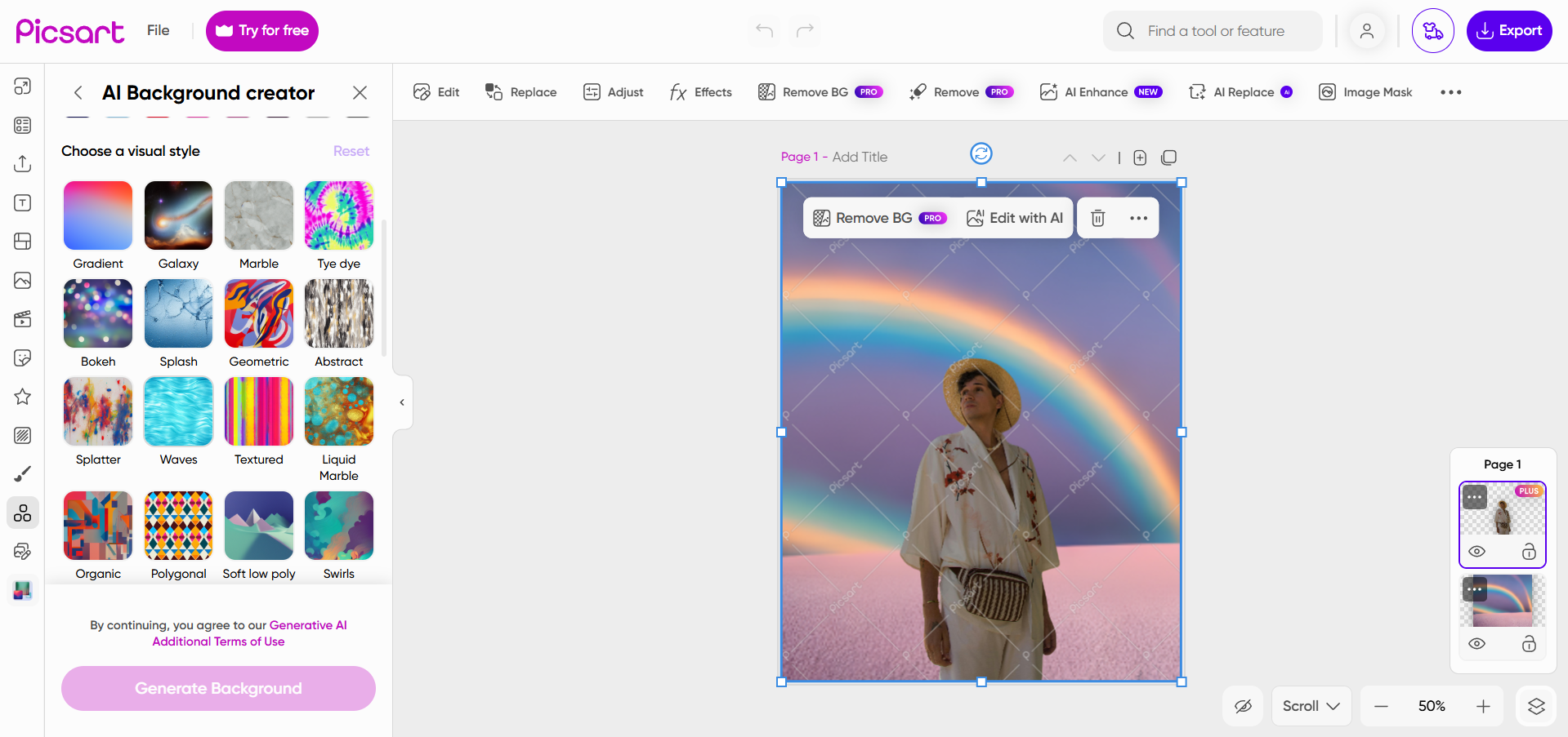 Picsart background remover interface