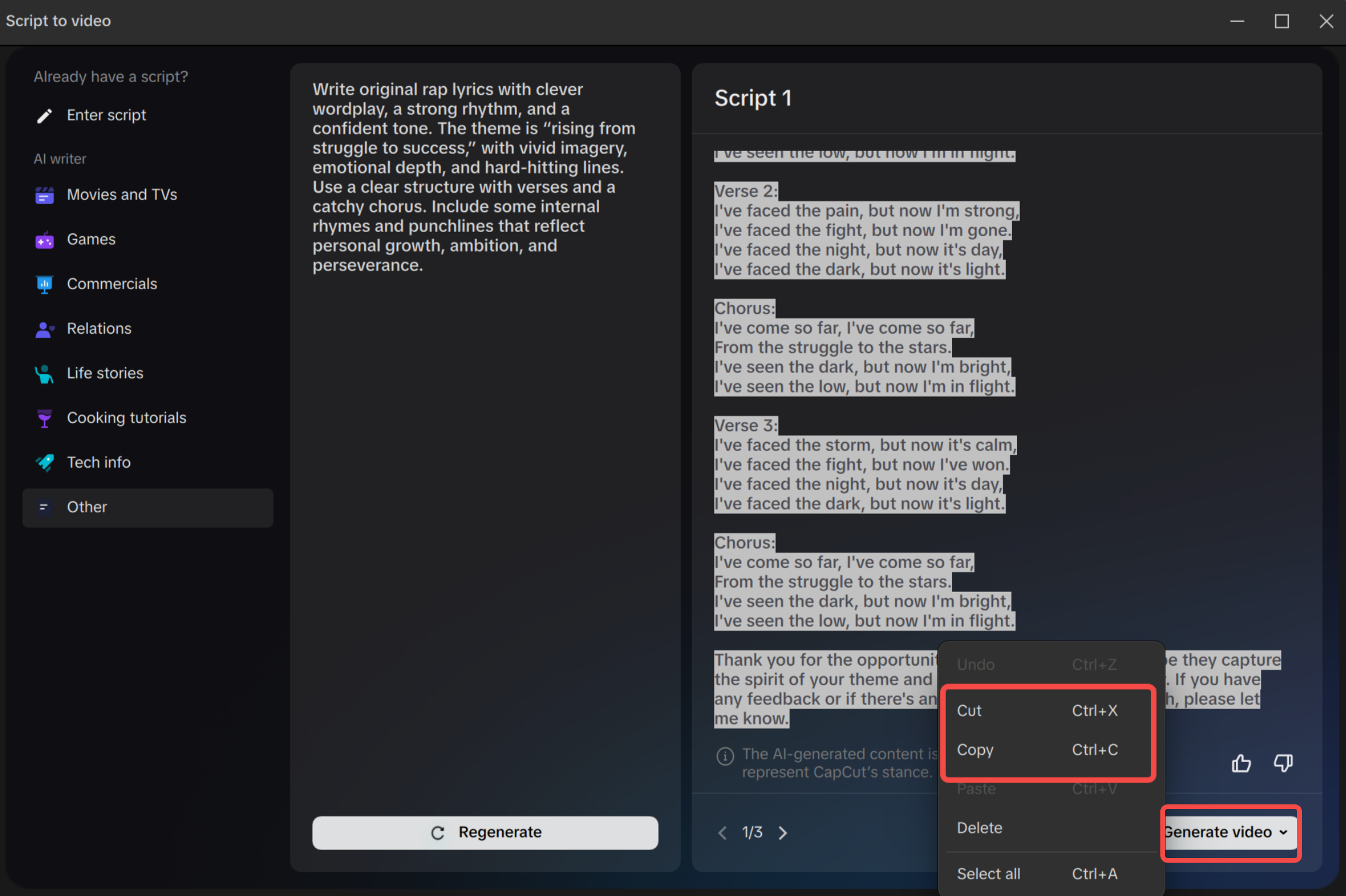 Copying the rap lyrics from the CapCut desktop video editor