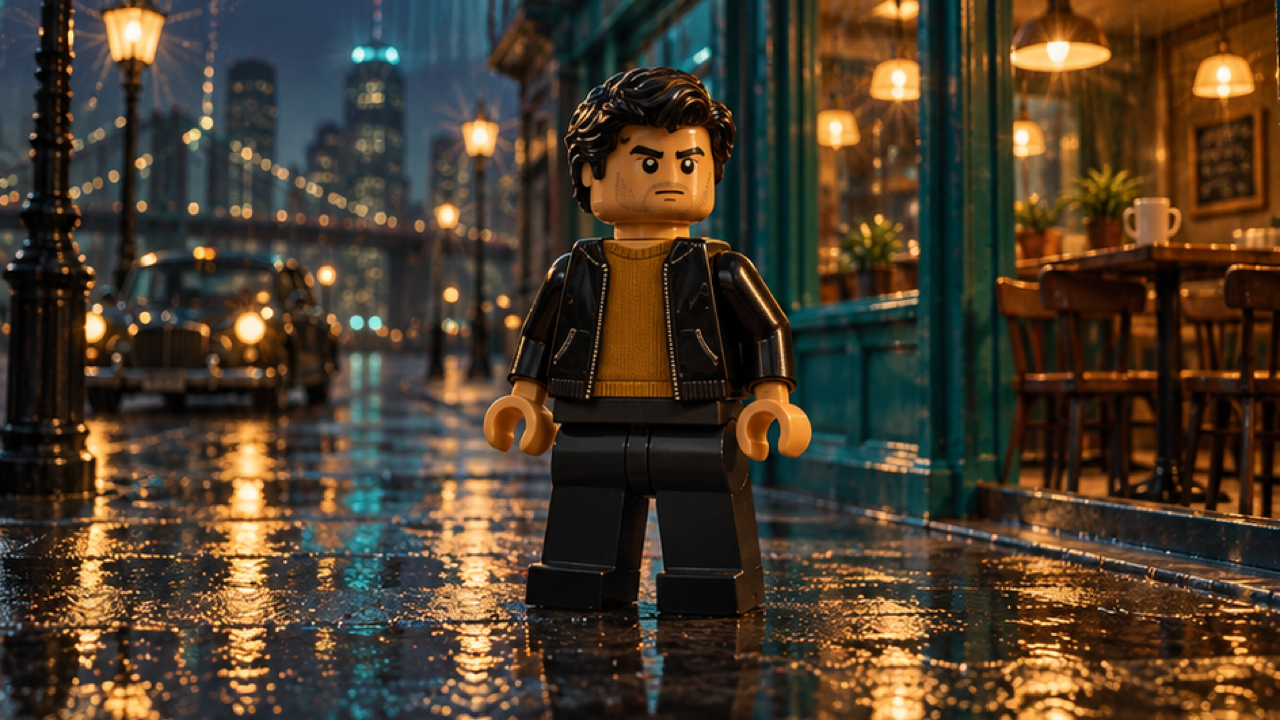 16:9 high-end cinematic illustrative final frame of one original tough-looking brick toy adult character in black bomber jacket, mustard shirt and dark trousers, squared compact torso, molded dark hair and determined simple face, wet city pavement outside teal-lit café at night, amber reflections, full figure with arms at sides; no logos.