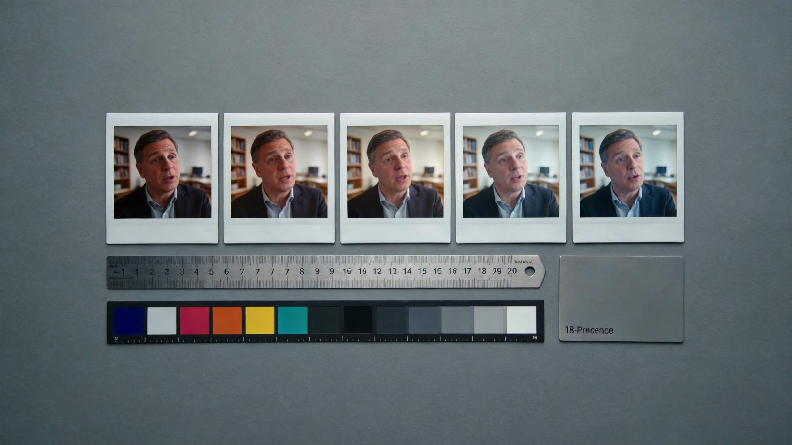 Five Polaroid-style portraits, a ruler, and a color chart arranged on a gray surface