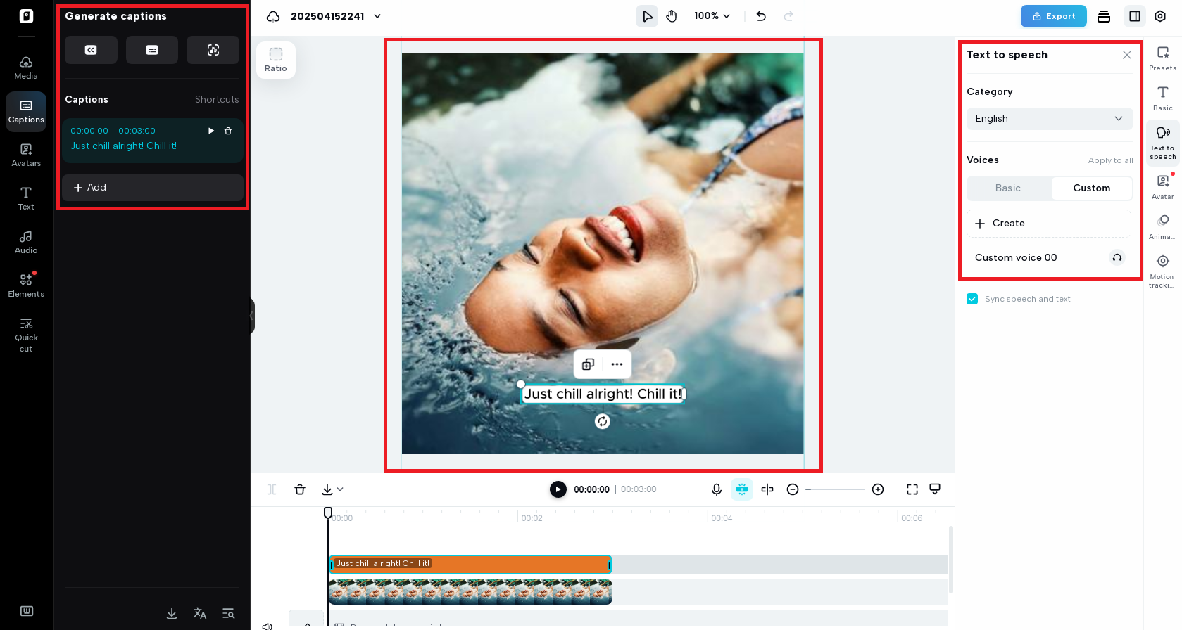 Select the custom voice option and enter your text