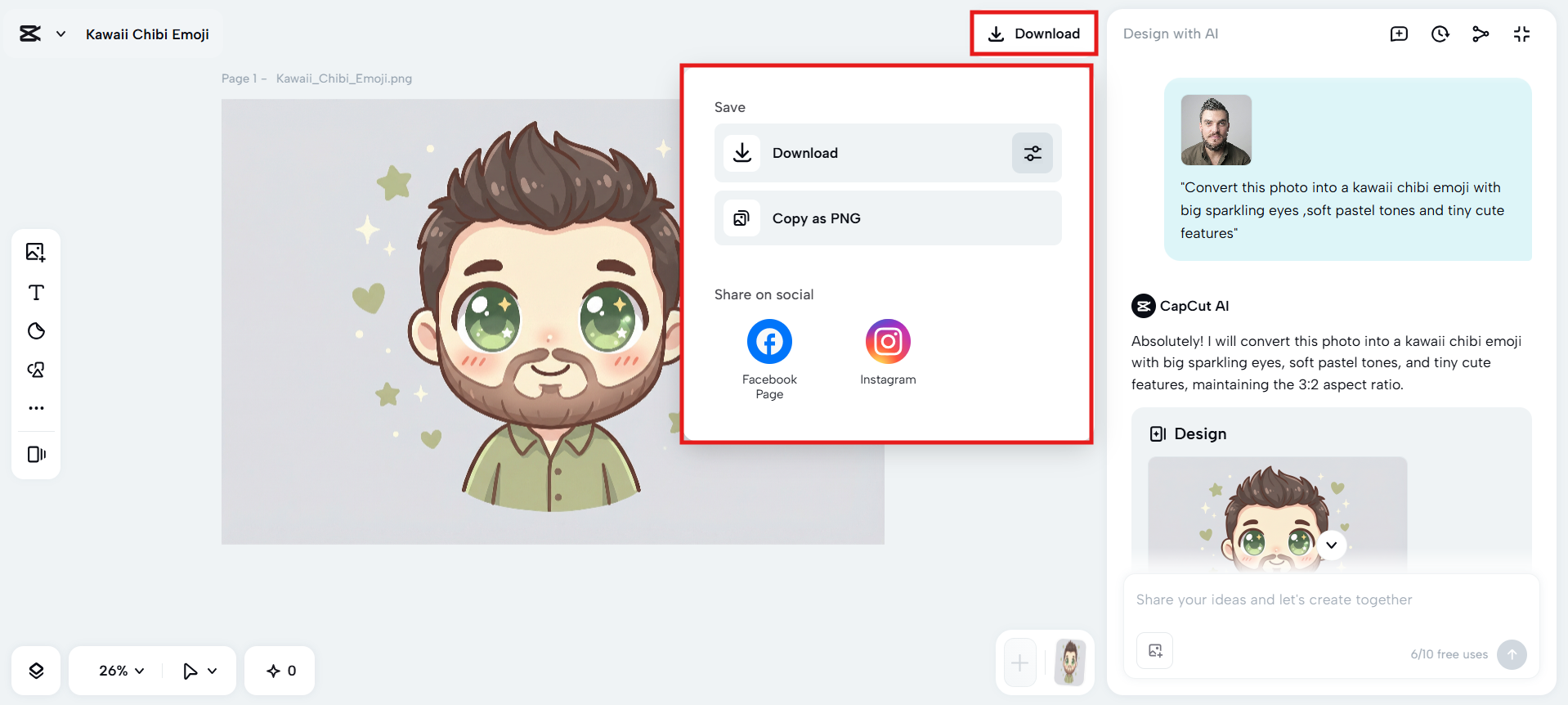 AI converts the photo into a cute chibi emoji.