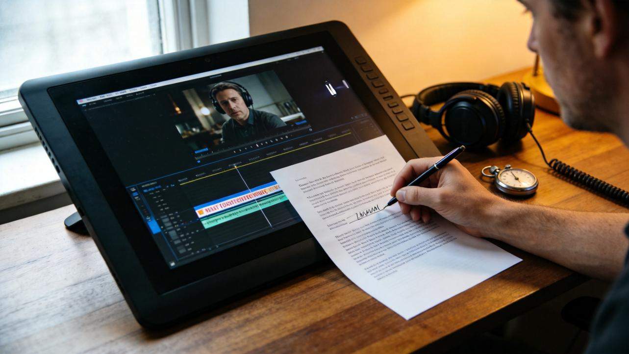 Person editing a video on a drawing tablet while reviewing a script and signing a document