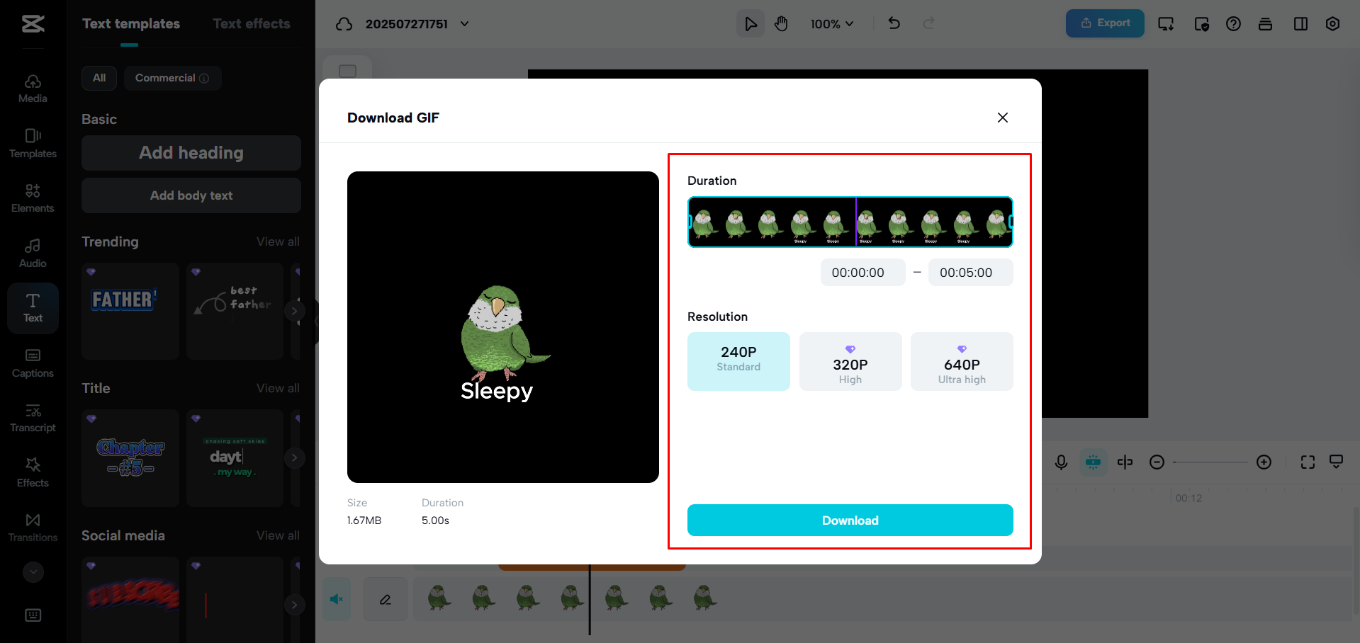 Exporting a GIF from CapCut Web