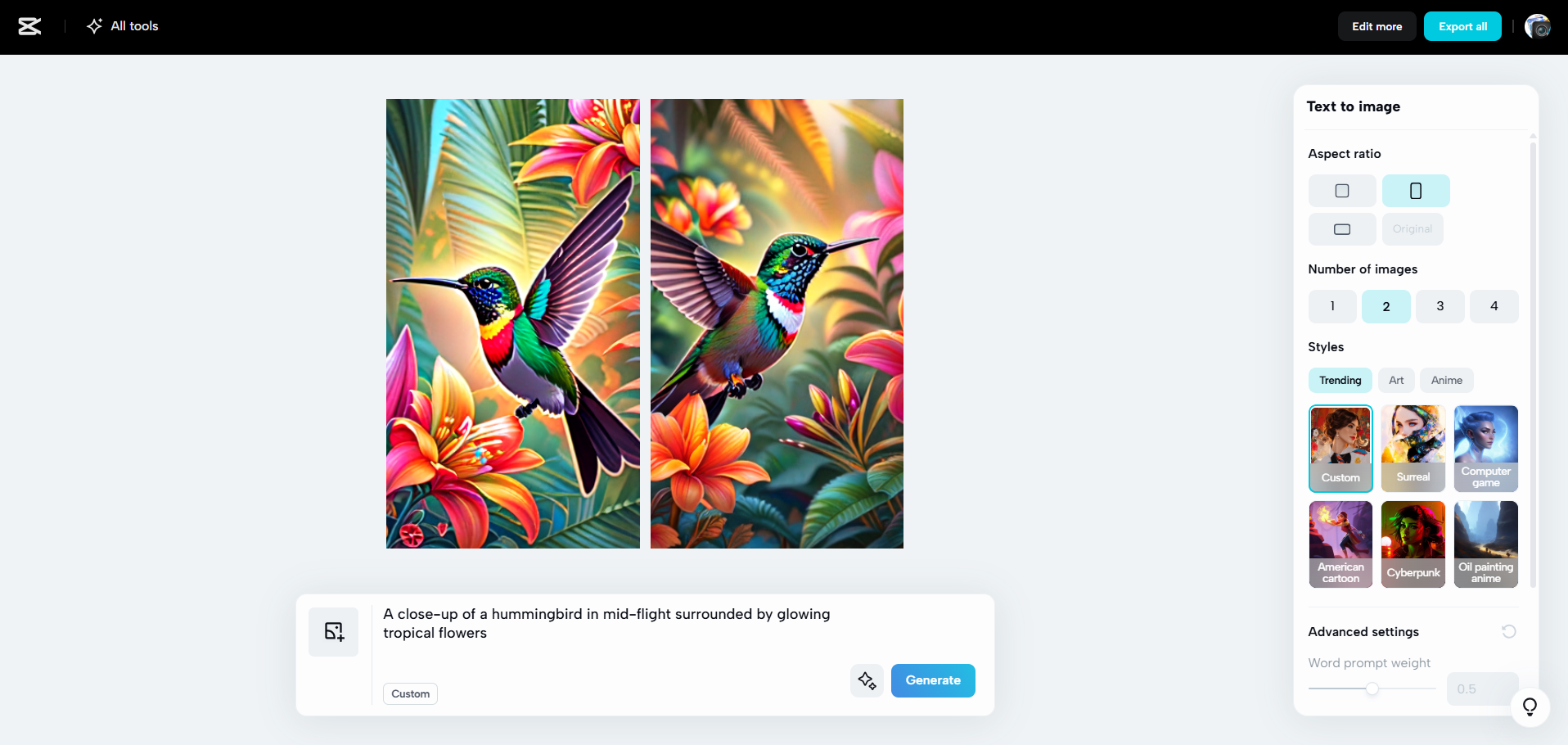 Interface von CapCut Web – ein vielseitiger KI-Bildersteller