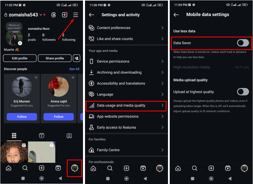 Image showing how to post reels in high quality by turning off data saver mode on Instagram