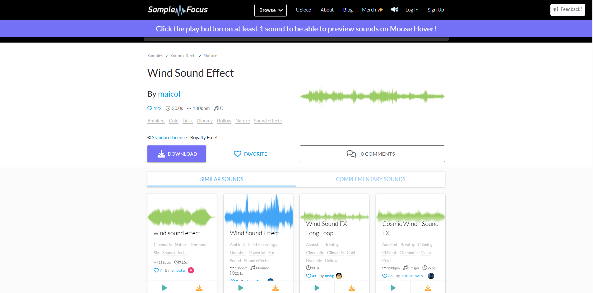 Interface of Sample Focus - a remarkable site to get wind sound effects