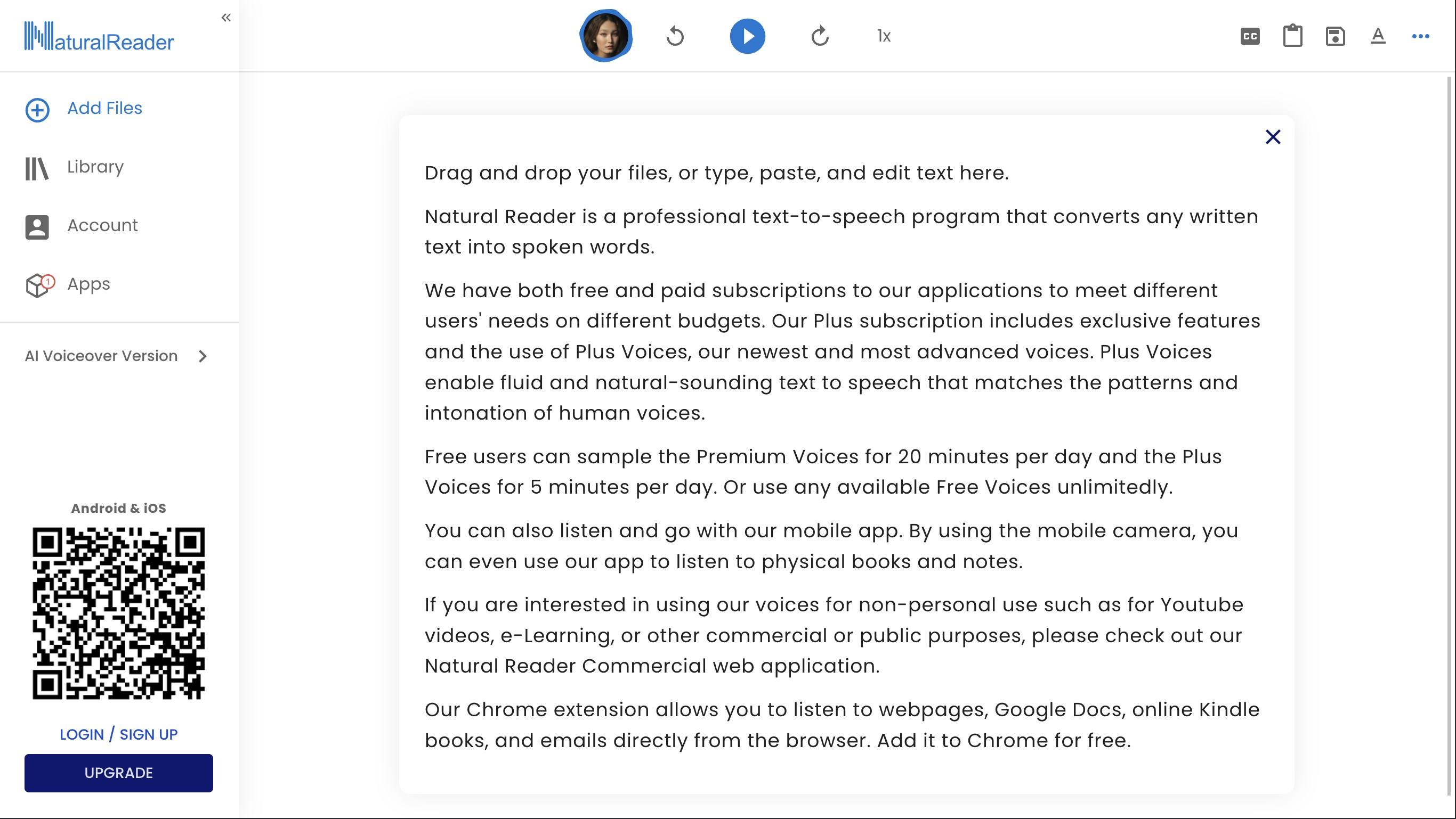 NaturalReaders software interface na nagpapakita ng text na kino-convert sa speech.