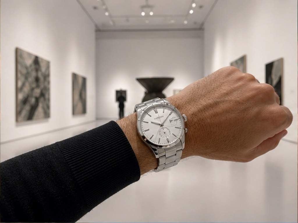 Virtual Watch Try On Video prompt Beispiel 2 - Stahlarmbanduhr