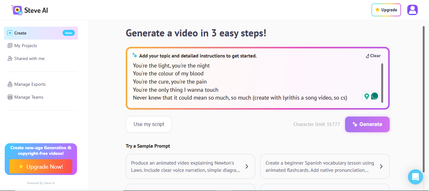 Interface of Steve AI - reliable free AI lyric video generator