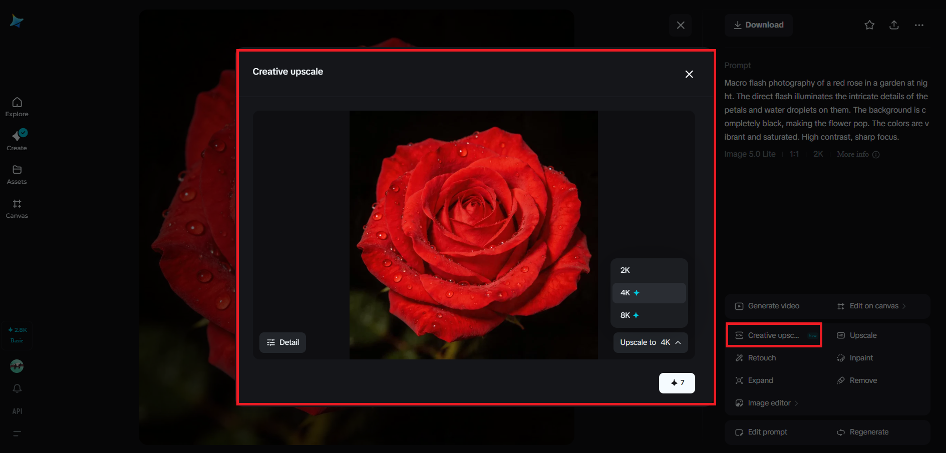 Creative upscale feature in Dreamina