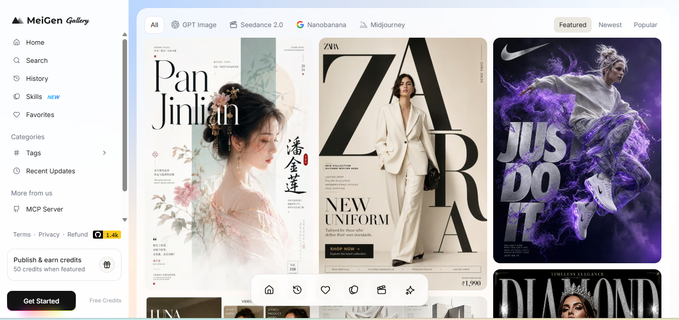 MeiGen gallery on the Featured tab showing poster and fashion image examples