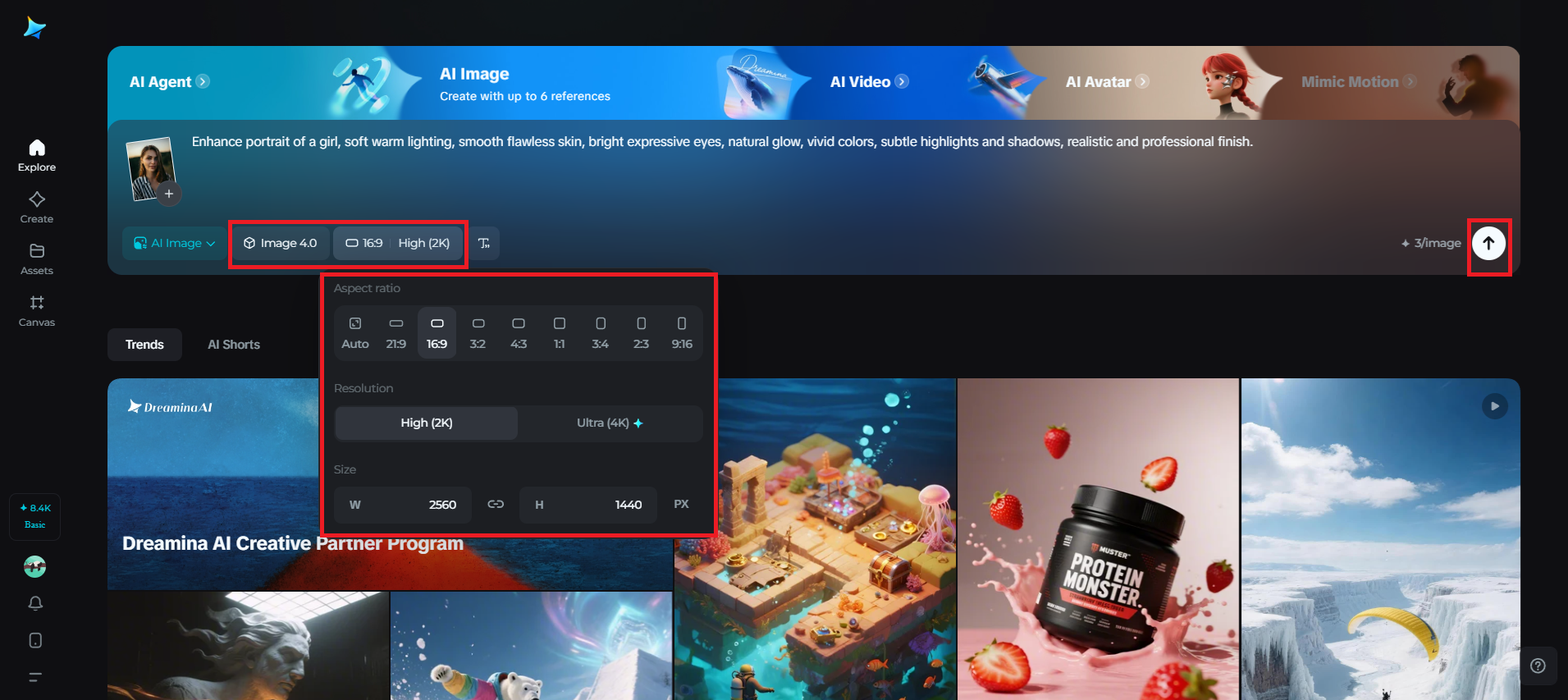 Select model, aspect ratio, and resolution