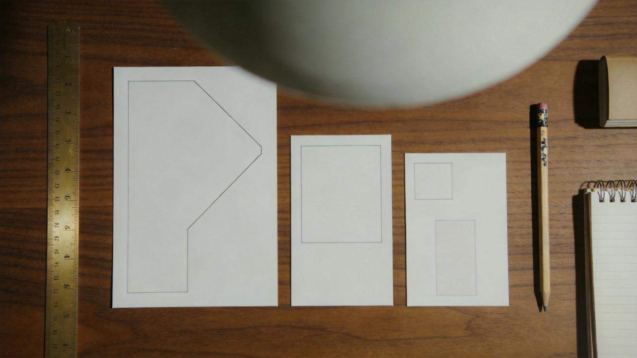 Three paper sheets with outlined geometric shapes on a wooden desk, beside a ruler, pencil, and notebook