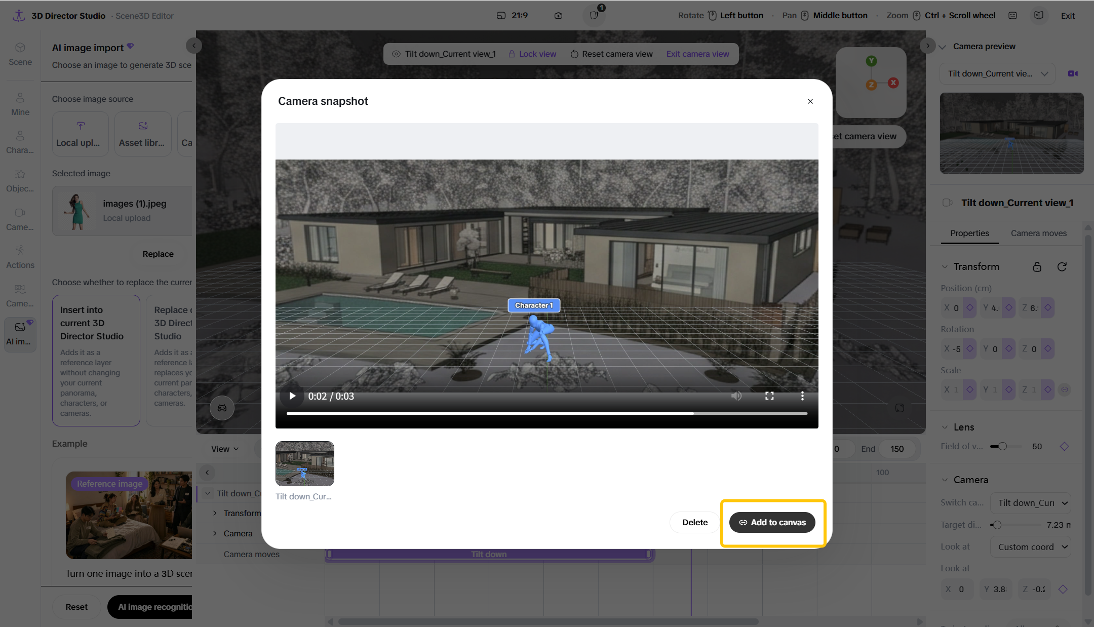 Alt: Capturing a camera snapshot and adding the 3D scene back to Pippit Canvas