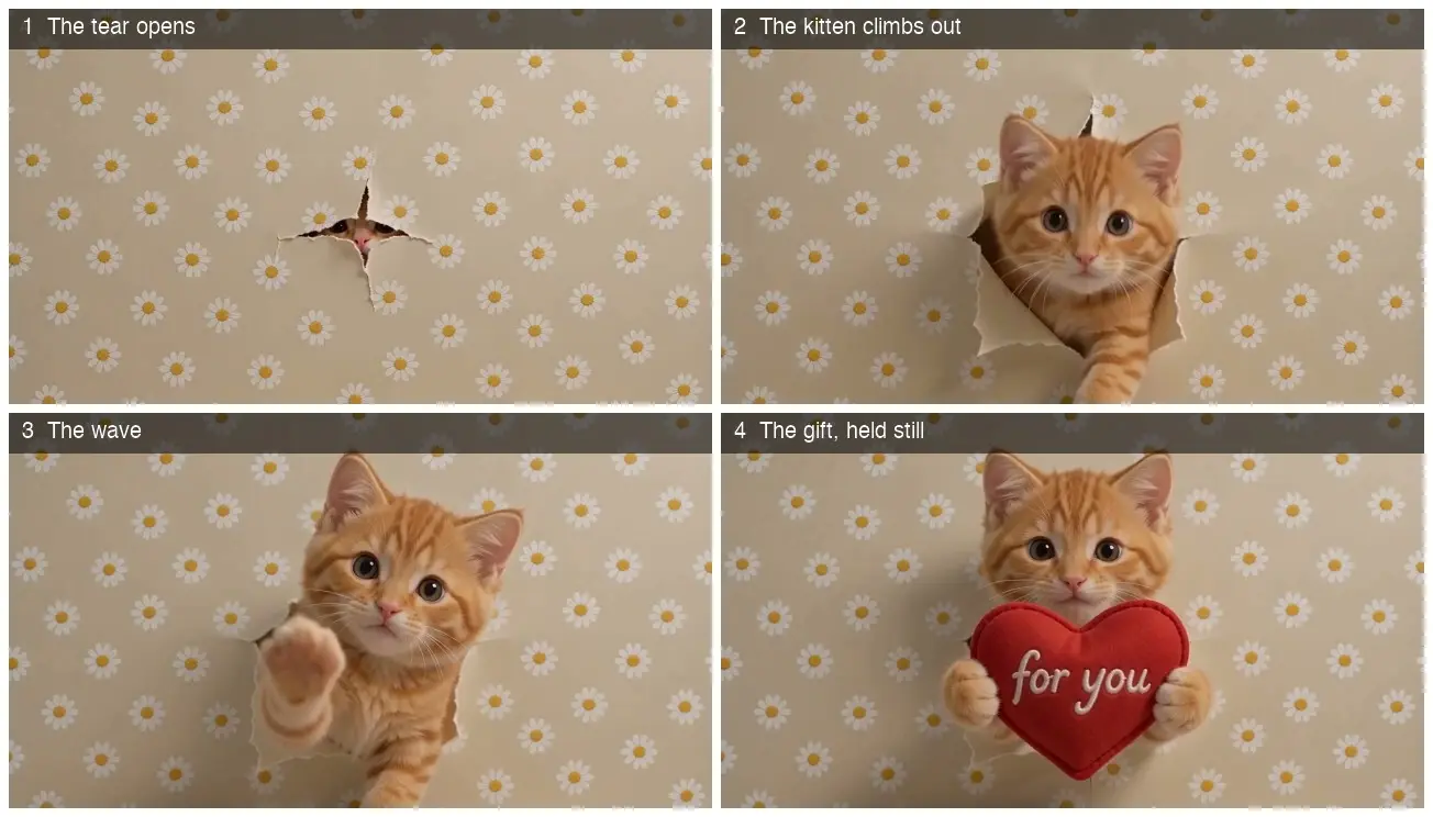 Orange kitten holds a red heart-shaped gift that says 'for you'.