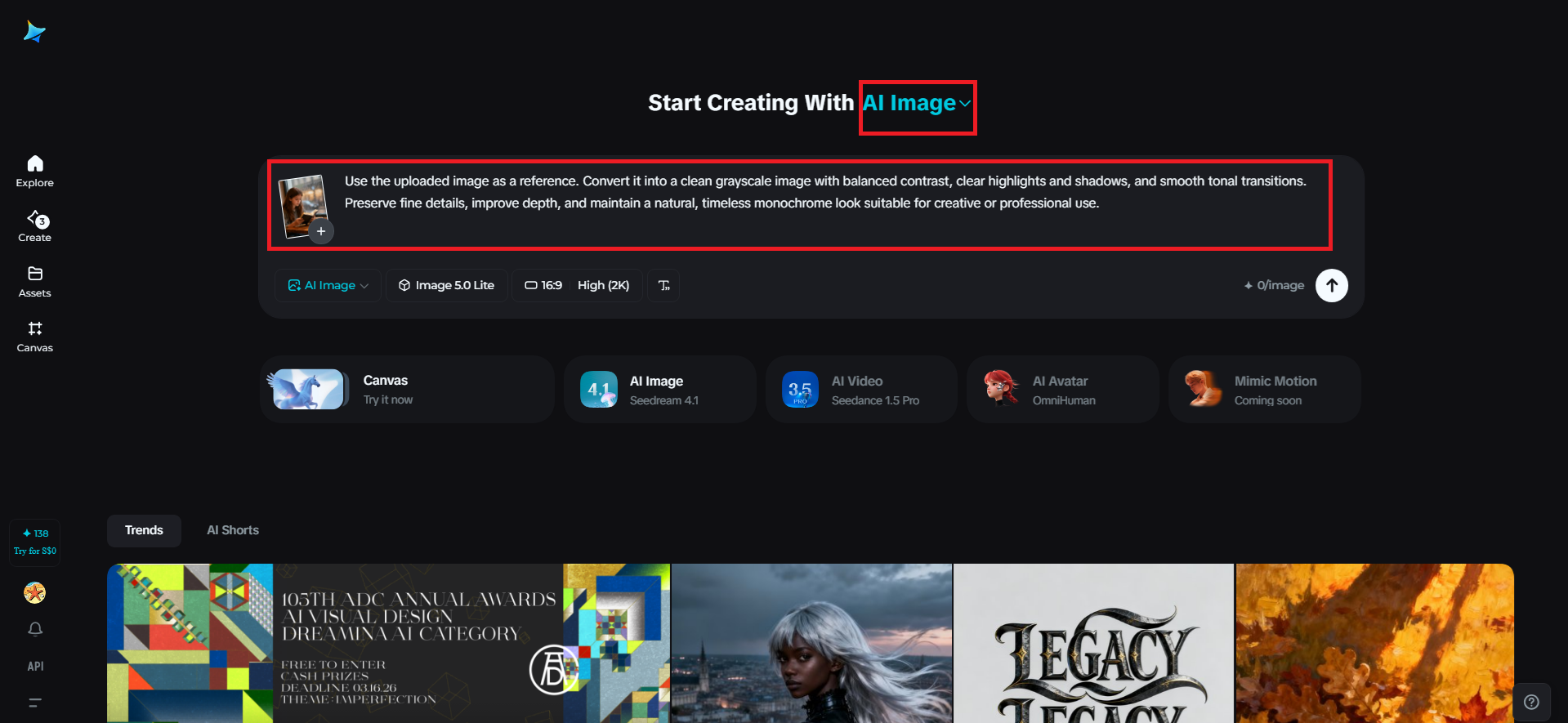 Carregue uma imagem de referência colorida e adicione um prompt em tons de cinza