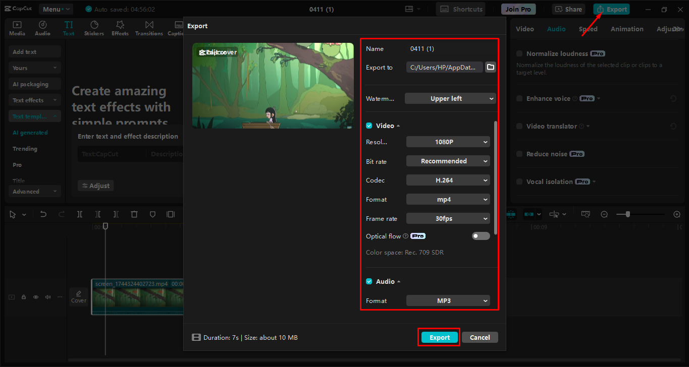Exporting the screen recording from the CapCut desktop video editor