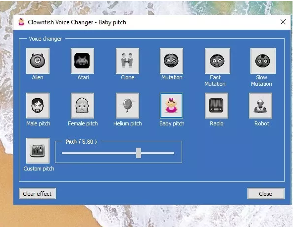 Interface of Clowfish voice changer - a tool with diverse voice changer effects for OBS