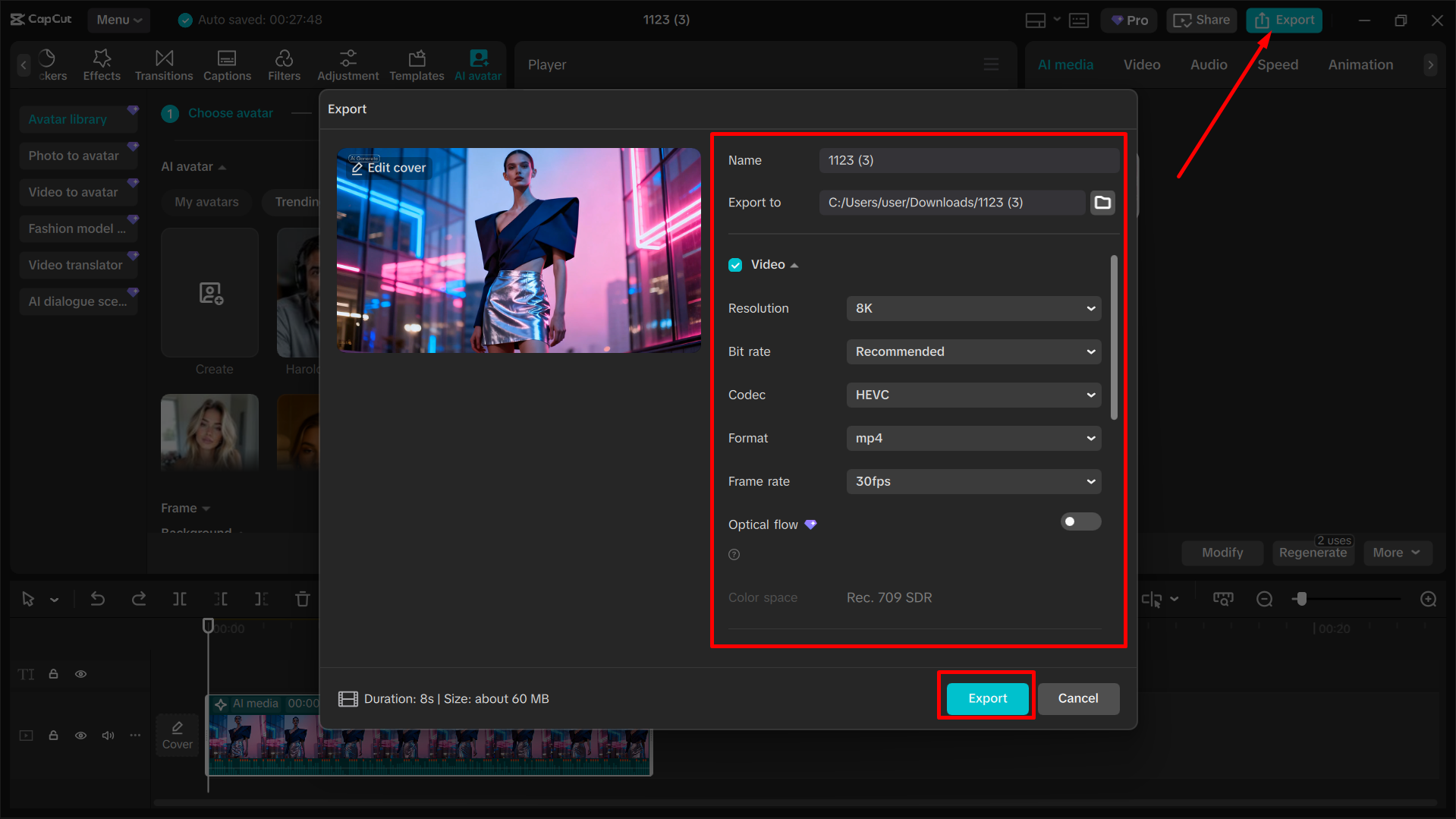 Exporting the final image from the CapCut desktop video editor