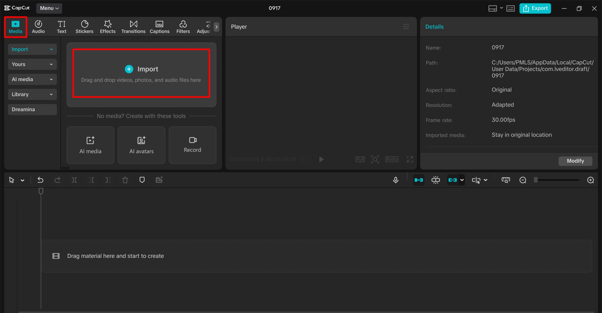 Importing the video in the CapCut desktop video editor